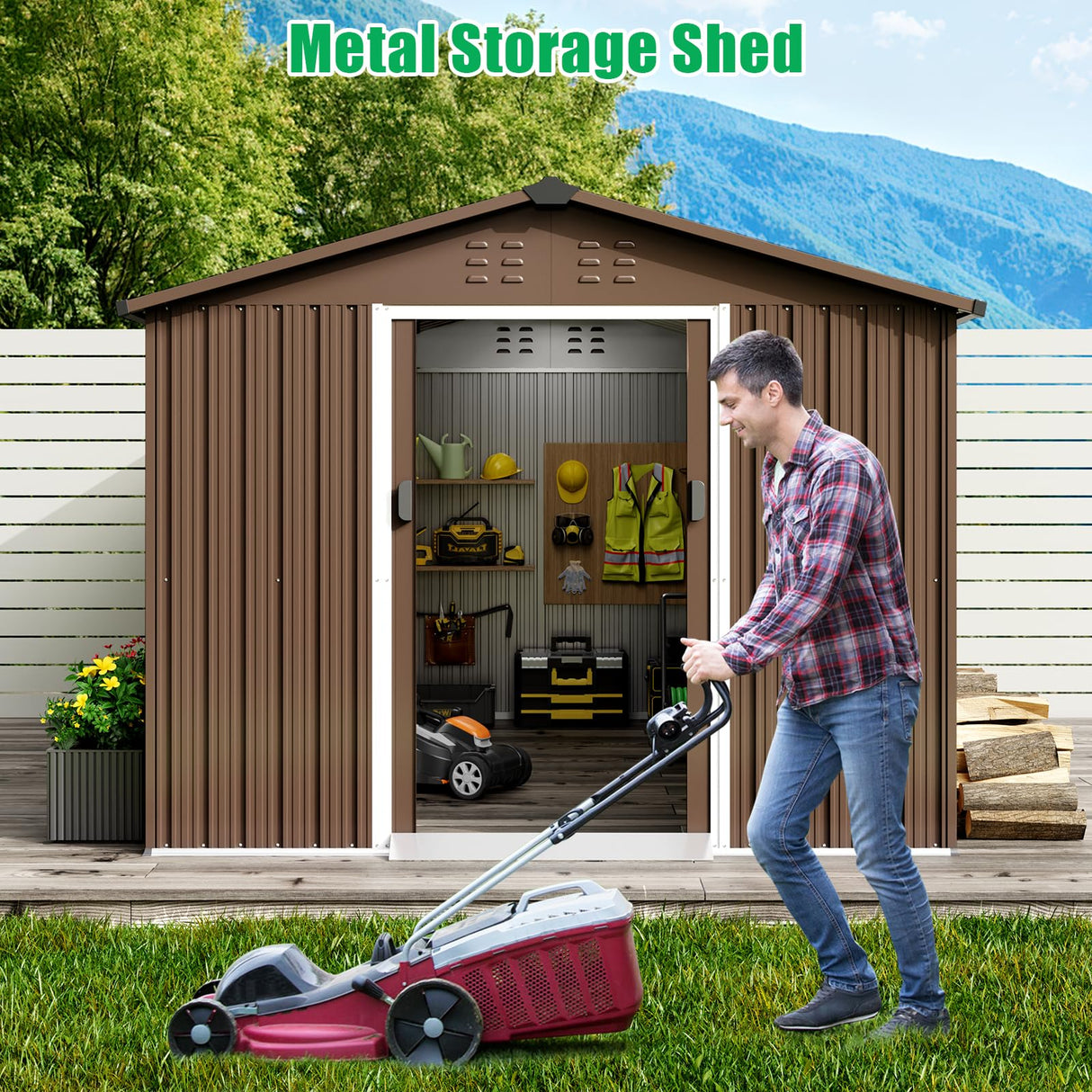 Garveelife 8x15 ft Outdoor Storage Shed, Steel Utility Tool Shed with Sloped Roof & Lockable Door, Backyard Garden Patio Lawn Outdoor Shed for Storing Tools and Equipment in Yard, Brown GarveeLife