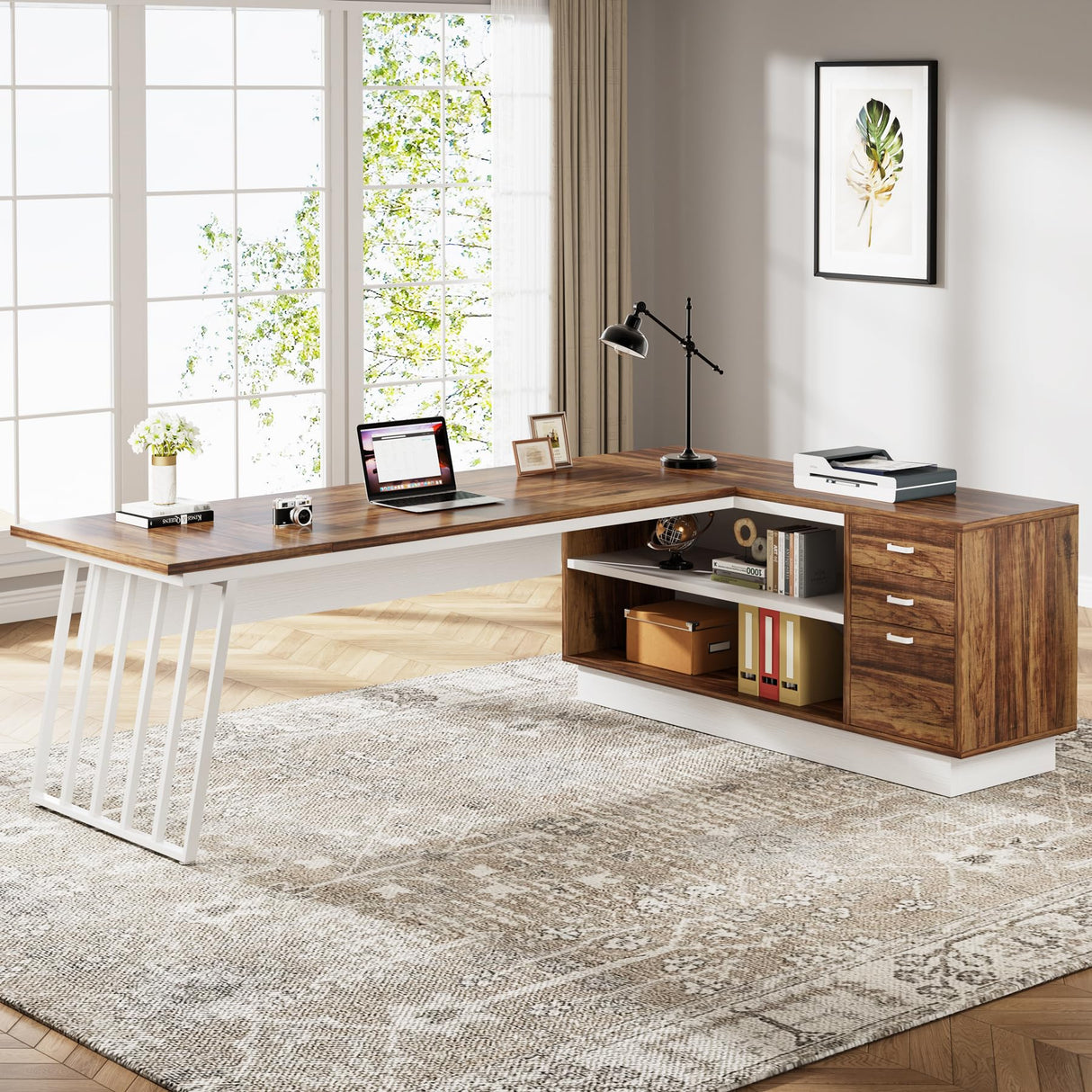 Tribesigns 71-Inch Executive Desk, L-Shaped Desk with Cabinet, Large Office Desk with Drawers and Storage Shelves, Writing Table Computer Desk for Home Office, Brown and White Tribesigns