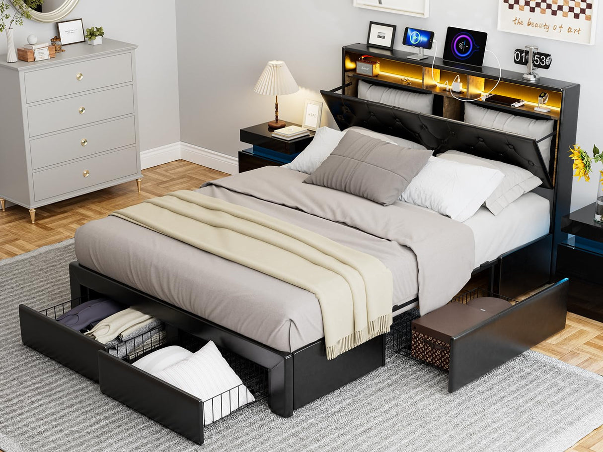 IKIFLY Queen Bed Frame with 4 Drawers, Storage Headboard, LED Lights & Charging Station in Black IKIFLY