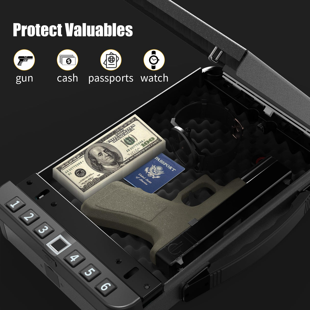 KENRONE Portable Safe Box,Biometric Gun Safe for Handgun,Fingerprint Cabinet Boxes with Keys and Password to Quick Unlock,Safe Case for Guns Nightstand Travel Carry-on KENRONE