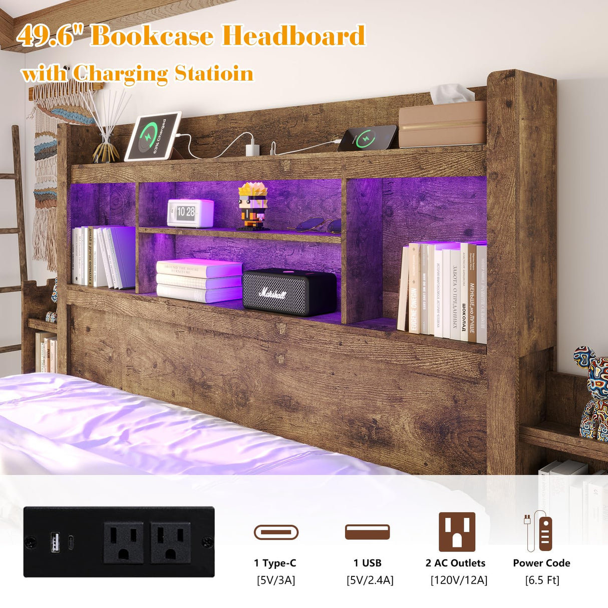 LUXOAK Queen Bed Frame with 49.6" Bookcase Headboard & 2 Detachable Bedside Stoage Racks & 4 Drawers, Farmhouse Wood Bed Frame with RGB LED & Charging Station, No Box Spring Needed, Rustic Brown LUXOAK