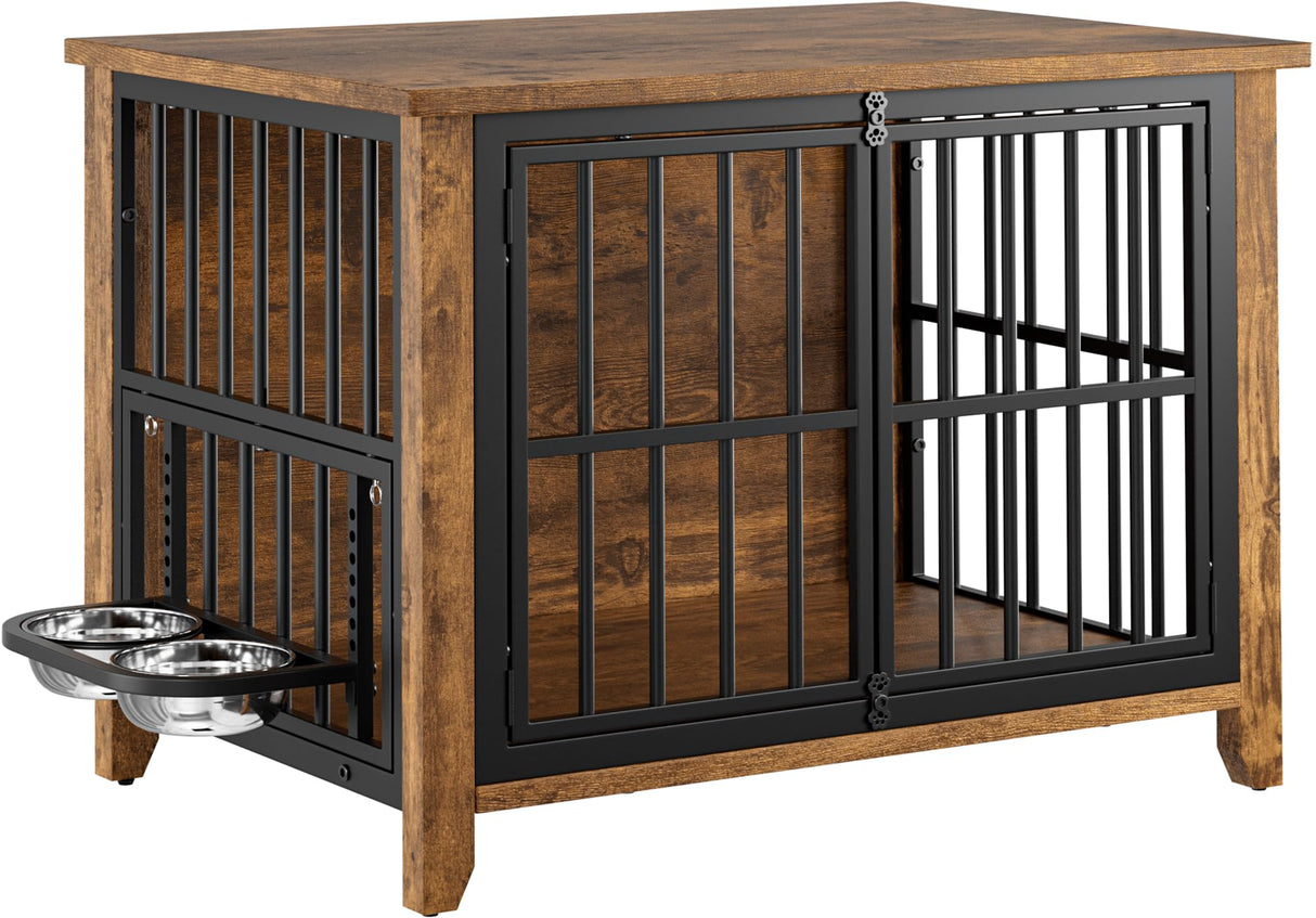 Lulive Dog Crate Furniture, Wooden Dog Kennel Indoor with Adjustable 360°& Height Dog Bowls, Double Doors Furniture Dog Crates End Table for Small/Medium 31.5" L*22.5" W*25.6" H, Brown Lulive