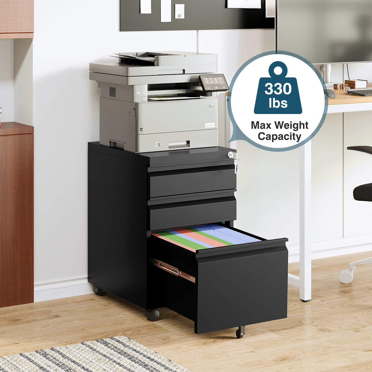 MIIIKO 3 Drawer File Cabinet on Wheels, Home Office Mobile File Cabinet Under Desk, Full Assembled Metal Filing Cabinets with Lock for Legal/Letter/A4 File Folders MIIIKO