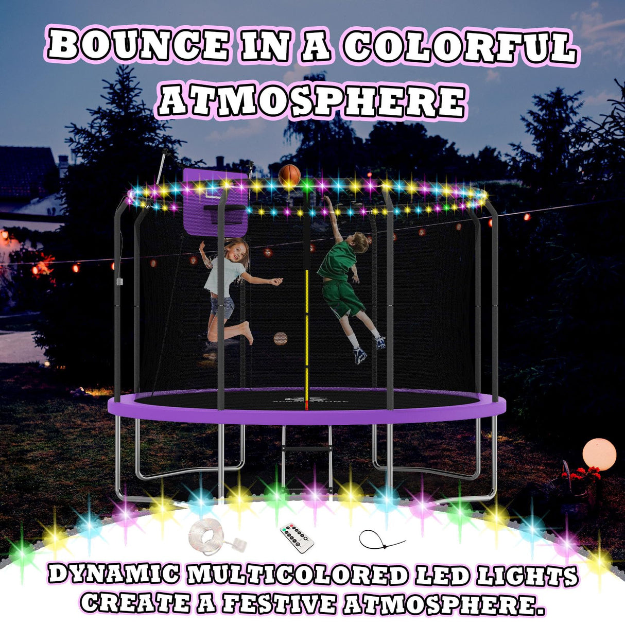 ACWARM HOME 12FT Trampoline for Kids and Adults, Trampoline with Basketball Hoop and LED Lights, ASTM Approved, Purple ACWARM HOME
