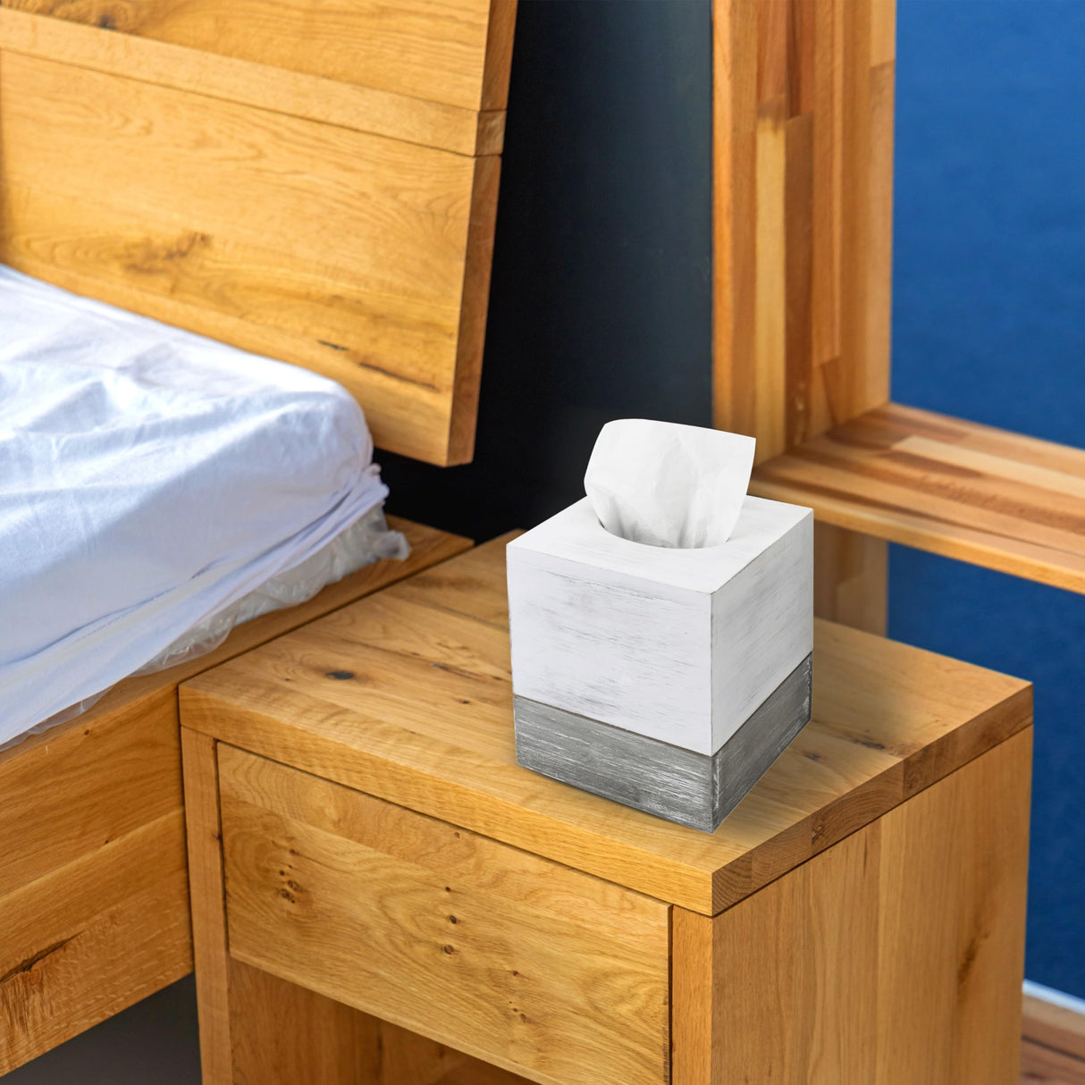 MyGift Vintage White and Distressed Gray Wood Square Bathroom Tissue Box Dispenser Holder Cover with Slide-Out Bottom Panel, 5.5 x 5.5 x 6.3 Inches MyGift