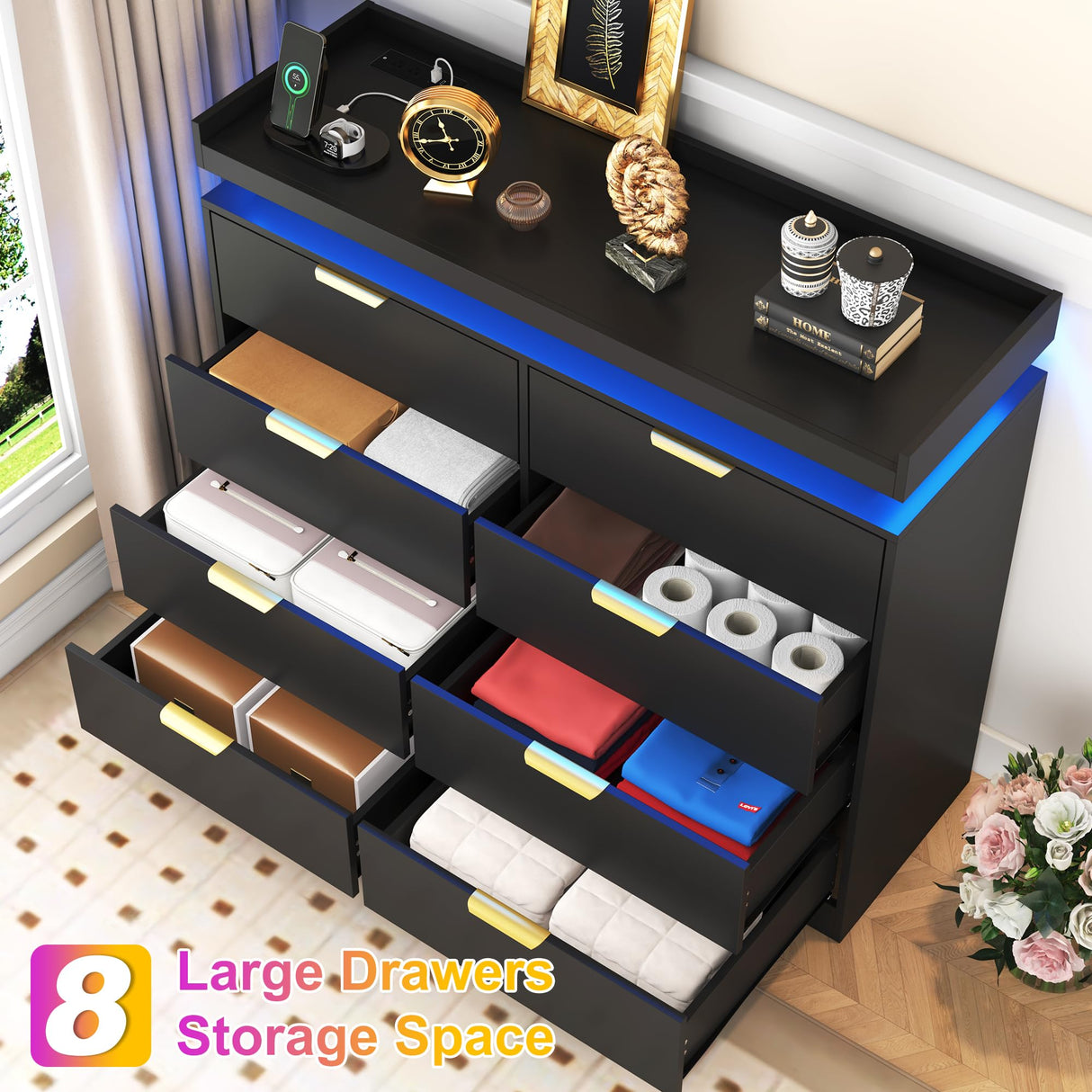 knoworld 8 Drawer Dressers for Bedroom, Black Dresser with LED Lights and Power Outlet, Modern Large Dresser Wooden Long Dresser, Double Wide Dresser for Bedroom, Living Room, Entryway, Hallway knoworld