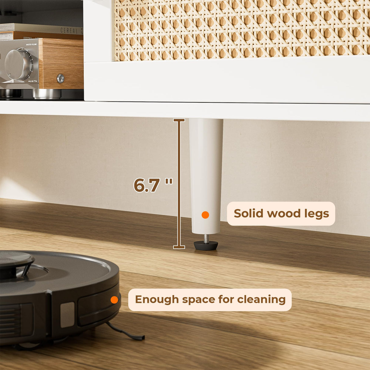 SUPERJARE 65 Inch TV Stand, Entertainment Center with Adjustable Shelf, Rattan TV Console with 2 Cabinets, Media Console, Solid Wood Feet, 4 Cord Holes, for Living Room, White SUPERJARE
