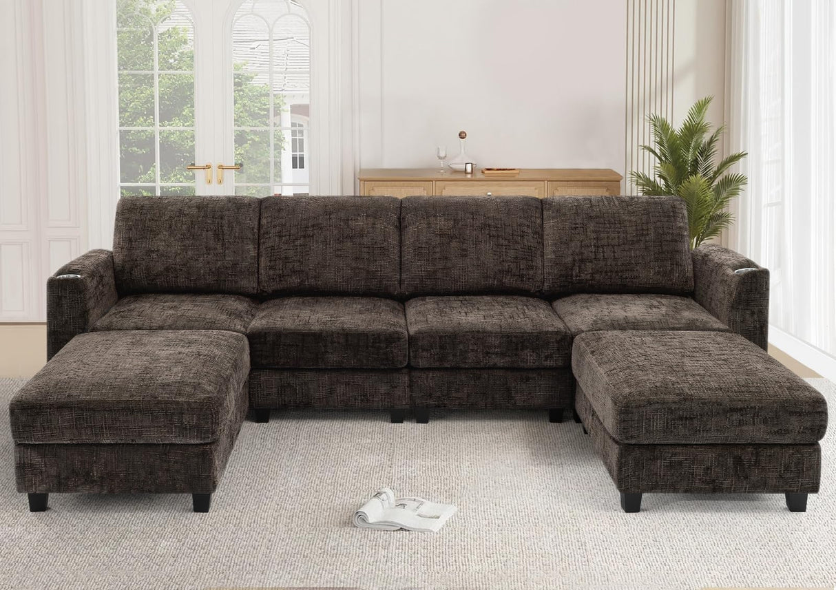 Lesofair 110" Chenille Sectional Sofa with Movable Ottomans, Modular U-Shape Couch with Cup Holders, Convertible 4 Seater Sofa with Well-Filled Backrest Cushions for Living Room, House, Brown Lesofair