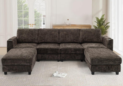 Lesofair 110" Chenille Sectional Sofa with Movable Ottomans, Modular U-Shape Couch with Cup Holders, Convertible 4 Seater Sofa with Well-Filled Backrest Cushions for Living Room, House, Brown