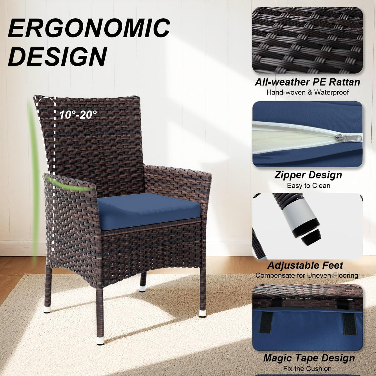 Gotland 5-Piece All-Weather Rattan Patio Dining Set with Tempered Glass Table, Tilt Backrest, Umbrella Hole, and Removable Cushions for Lawn, Deck, Backyard Gotland