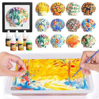 Ci Vetch Water Marbling Paint Kit for Kids, Arts & Crafts, Non-Toxic, Age 3-12, Includes 6 Colors, 10 Sheets, Tools, 12 Shells, 2 Display Boxes