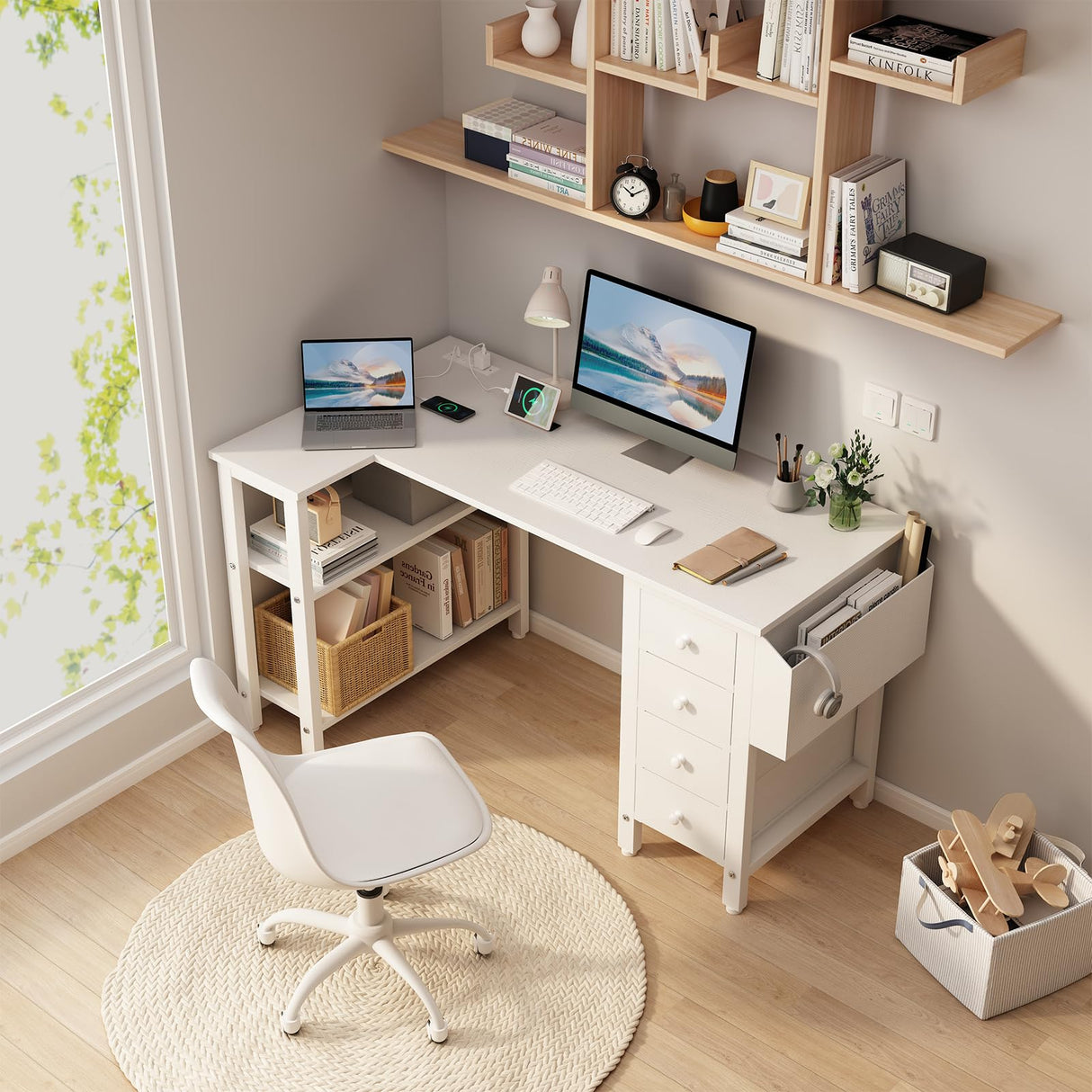 Lufeiya White L Shaped Computer Desk with Drawers & Storage Shelves, 47 Inch Corner Desk with Power Outlet for Home Office Bedroom, L-Shaped Teen PC Desks with Fabric Drawer, White Lufeiya