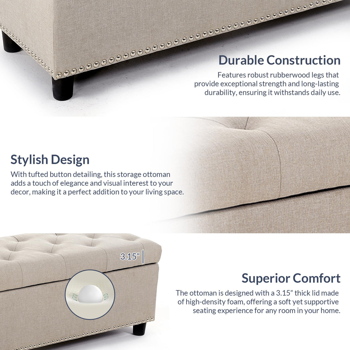 BELLEZE 47" Storage Ottoman, Storage Bench with Safety Close Hinge, Linen Button-Tufted Ottoman for Living Room, Entryway, Hallway, Foot Rest, Support 300lbs - Beige BELLEZE