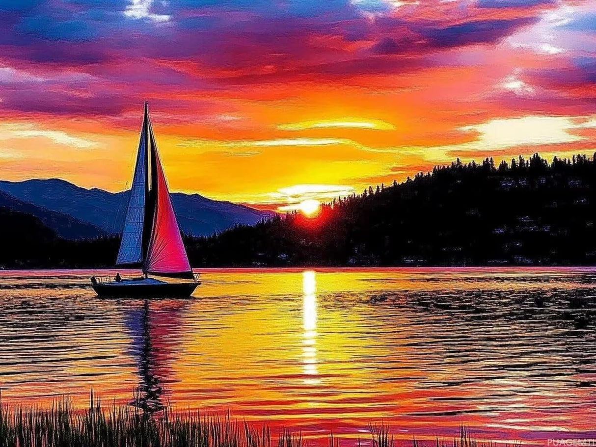 PUAGEMTI Sailboat on The Lake Sunset Diamond Painting Kits for Adults Beginners, 5D DIY Diamond Art Kit, Full Round Drill Diamond Gem Art for Adults, Home Wall Decor 12x16 Inch PUAGEMTI