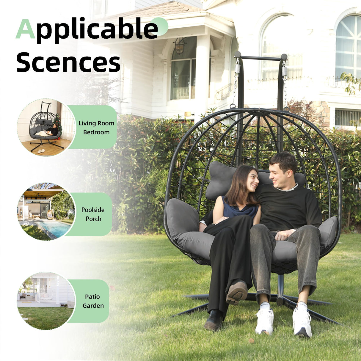 Double Egg Chair wth Stand Hammock Swing Chair Foldable Hanging Loveseat, UV Resistant Removable Cushions, 700LBS Capacity for Bedroom, Balcony, Garden(BK-GR) DoubleTT