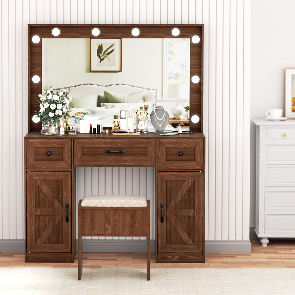 Crownland Vanity with Lighted Mirror, Makeup Vanity Table Set with Drawers and Charging Station, Vanity Desk with 3 Adjustable Lighting Modes and Stool Set(Brown) Crownland