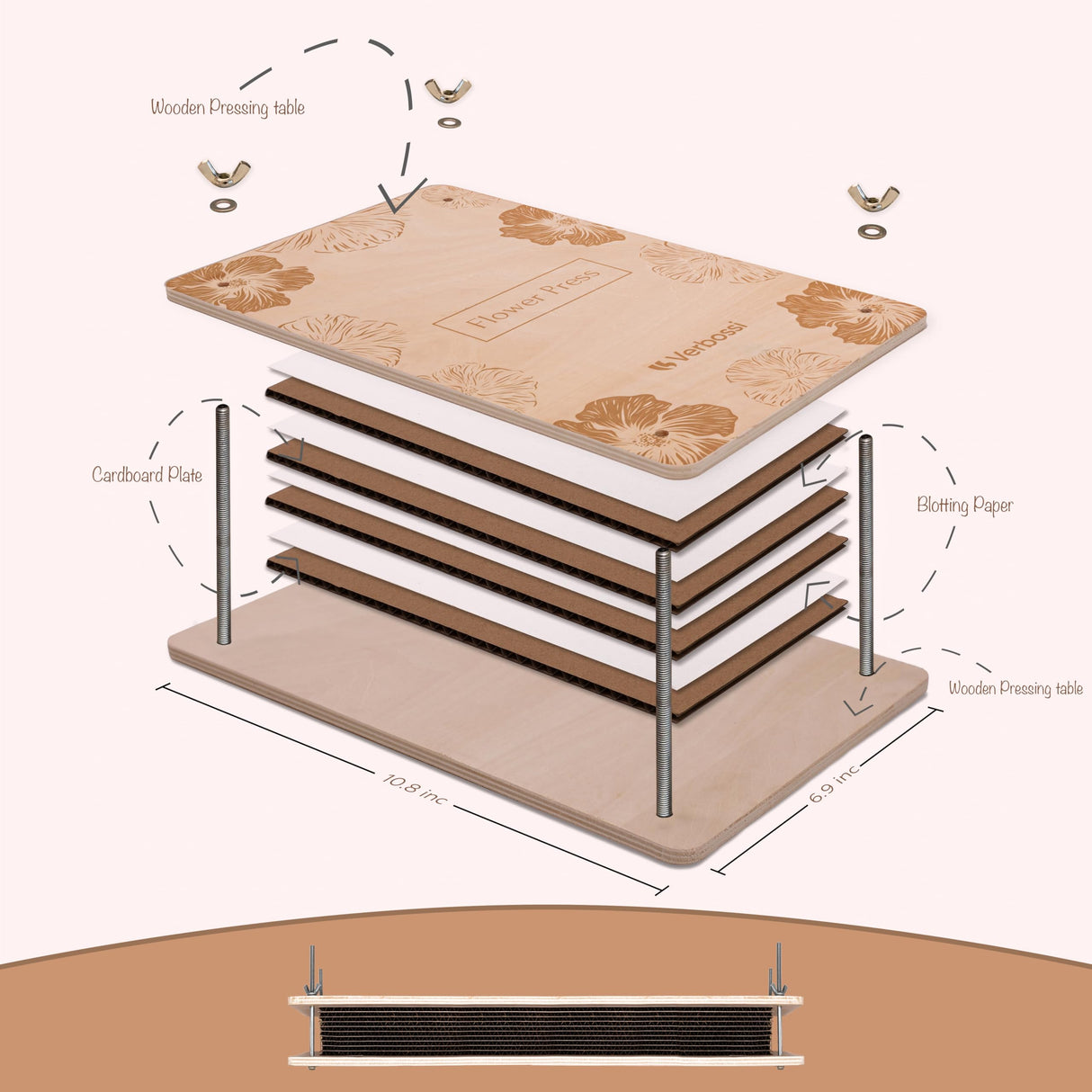 Verbossi Flower Press - Large Flower Press Kit 10.8" x 6.9" - Flower Pressing Kit for Adults & Kids - Pressed Flowers - Plant Press - DIY Flower Pressing - Gifts for Craft Lovers (Wooden) Verbossi