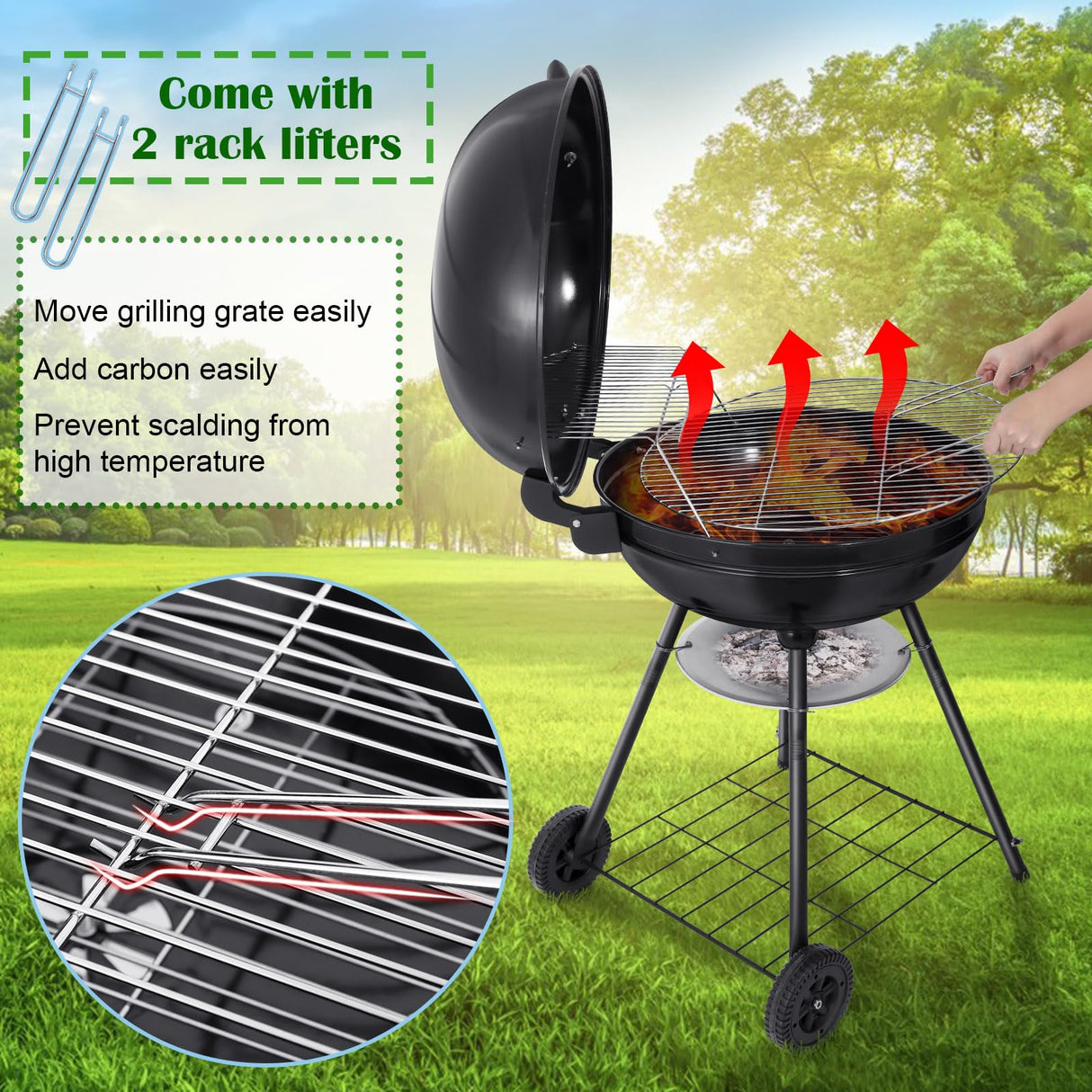 HaSteeL 22 Inch Charcoal Grill, 2 Layer Grilling Racks Heavy Duty Kettle Outdoor BBQ Grill, Large 355 Square Inches for Camping Backyard Picnic Patio Barbecue Cooking, Round Black Enamel Lid & Bowl HaSteeL