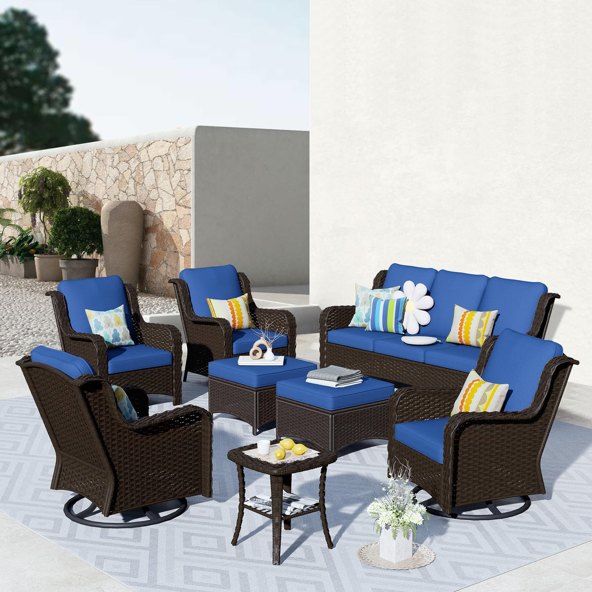 ovios Outdoor Furniture Patio Furniture Set 8 Pieces Swivel Rocking Chairs All Weather Rattan Wicker Patio Couch with Side Table,Ottomans,Chairs for Porch,Backyard,Deck,Brown Wicker Navy Blue ovios
