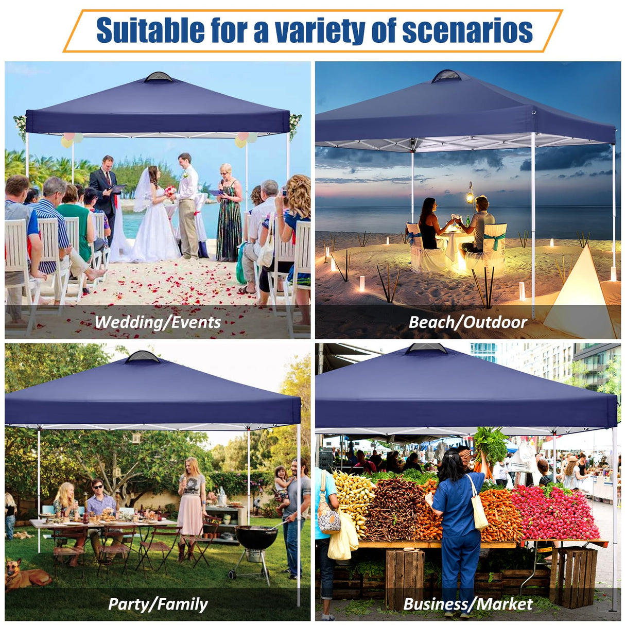 COBIZI 10x10 Pop Up Canopy Tent with 4 Sidewalls, UPF 50+Waterproof Outdoor Canopy with Air Vent, Instant Portable Camping Canopies Gazebo for Commercial Sun Shade Party, 4 Sandbags(Dark Blue) COBIZI