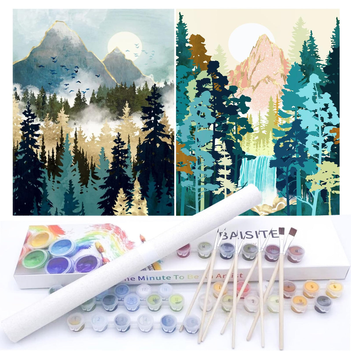 BAISITE Paint by Numbers Kit for Adults Beginners,12" Wx16 L 2 Pack Canvas for Painting Kits for Adults in Colorful Box-Sunrise Mountains Waterful 7172 BAISITE