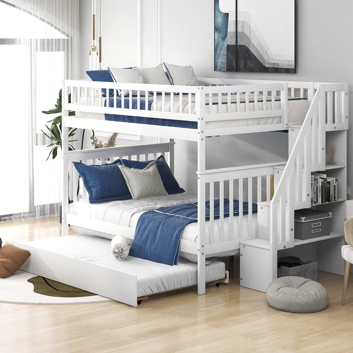 Merax Full Over Full Bunk Bed with Trundle and Stairs, 3 Beds in 1, Staircase with Storage Shelf, Solid Wood Bunk Bed for Kids Teens Guest Room, White Merax