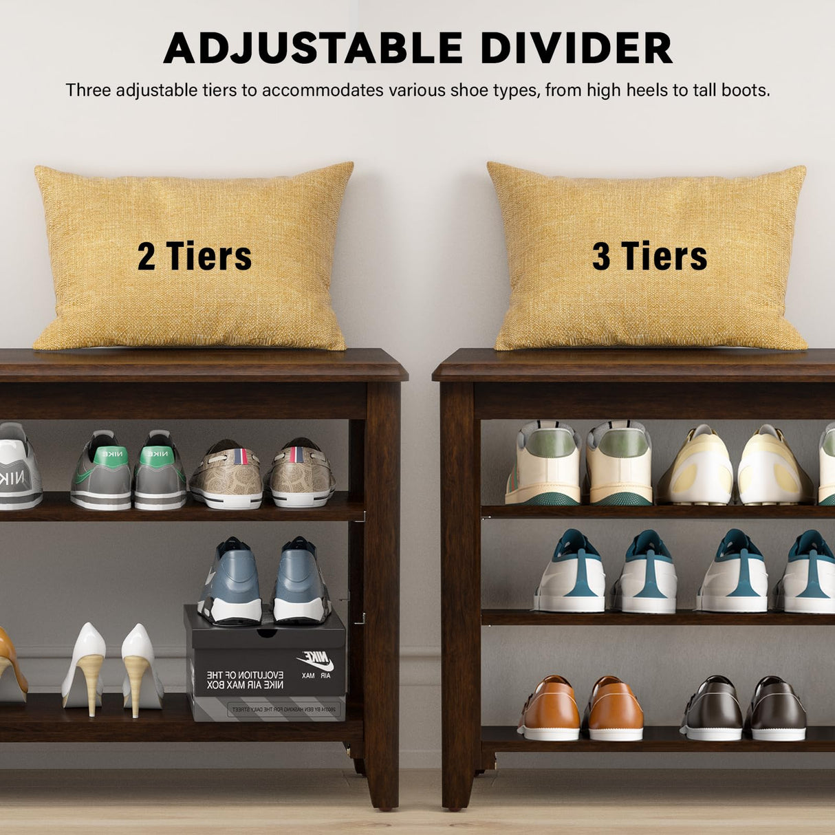 Taitiy Shoe Bench Storage Rubberwood, Entryway Bench with 3-Tiers Height Adjustable, Shoe Rack Front Door Entrance Organizer for Hallway Living Room, Mudrooms, Walnut,31.5" Taitiy