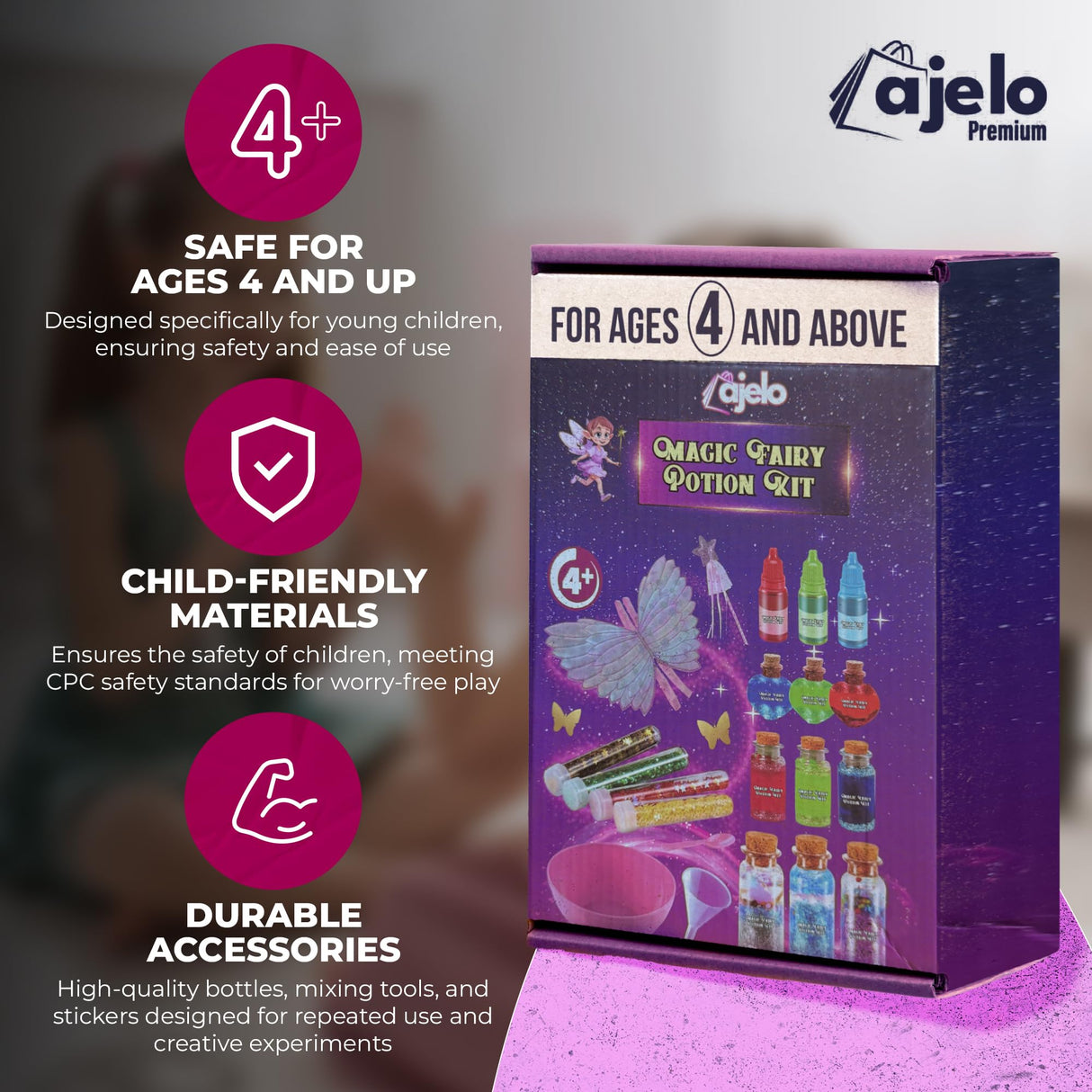 Ajelo Fairy Potions Kit for Kids Magic Set with Wings Wands, 15 Bottles, Halloween & Christmas Party DecorationsToys Girls & Boys Ages 4+ Years Ajelo