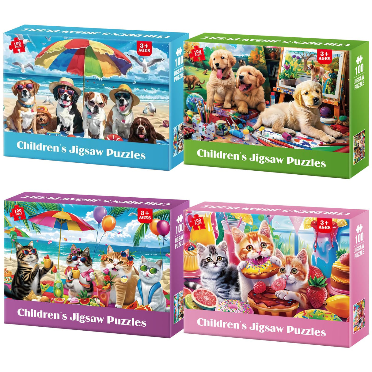 Jeacirio 100 Piece Puzzles for Kids Ages 4-6 - Cats & Dogs Party Jigsaw Puzzles - Cute Puzzles for Kids Ages 8-10 Kids Puzzles Ages 5-8 Educational Search & Find Toy Preschool Puzzles 4-Pack 15"x11" Jeacirio