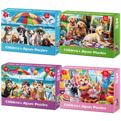 Jeacirio 100 Piece Puzzles for Kids Ages 4-6 - Cats & Dogs Party Jigsaw Puzzles - Cute Puzzles for Kids Ages 8-10 Kids Puzzles Ages 5-8 Educational Search & Find Toy Preschool Puzzles 4-Pack 15"x11"