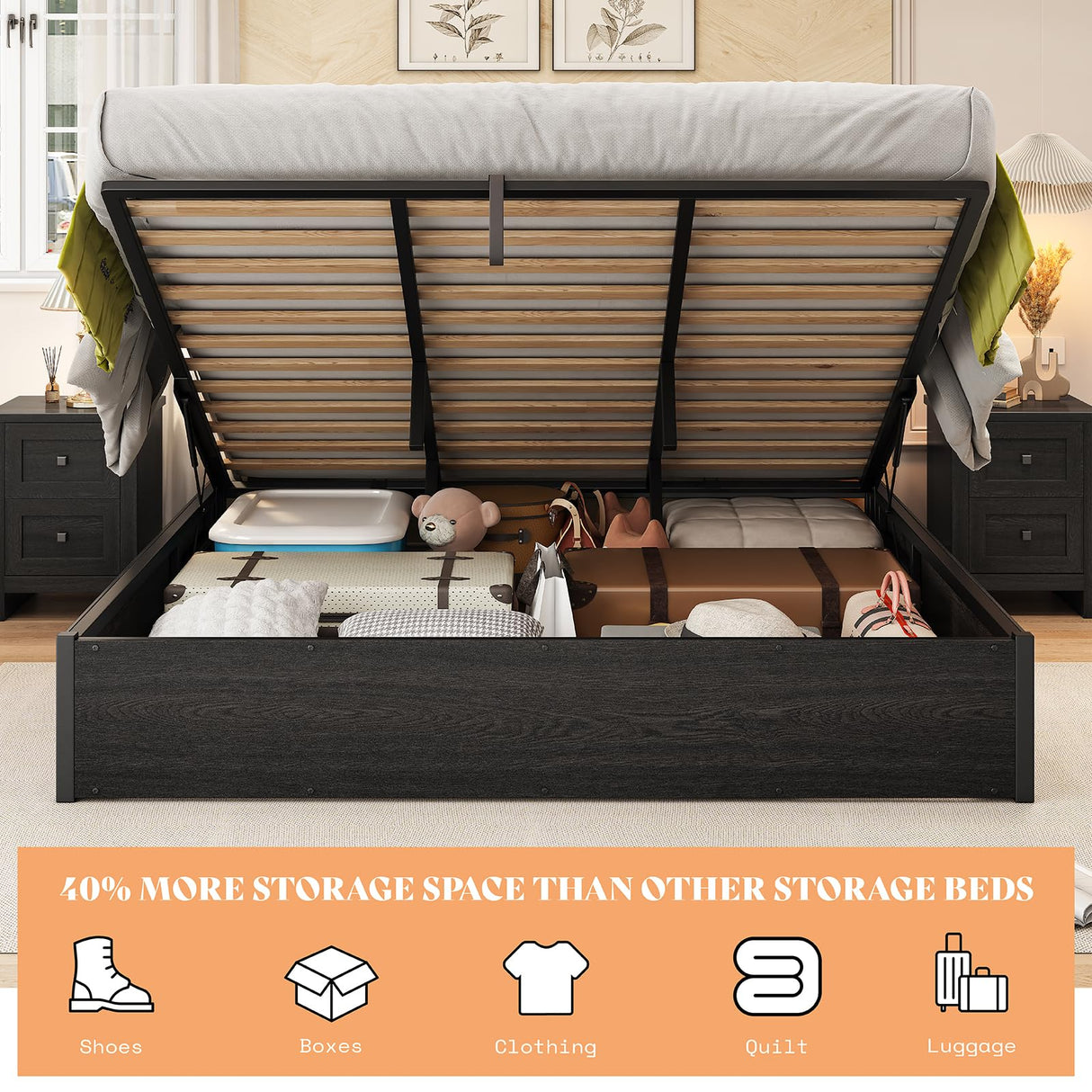 AMERLIFE Lift Up Storage Bed, King Bed Frame with Storage Underneath, Wooden Platform Bed Frame, Solid Wood Slats Support, No Fixed Headboard, No Box Spring Needed, Dark Oak AMERLIFE