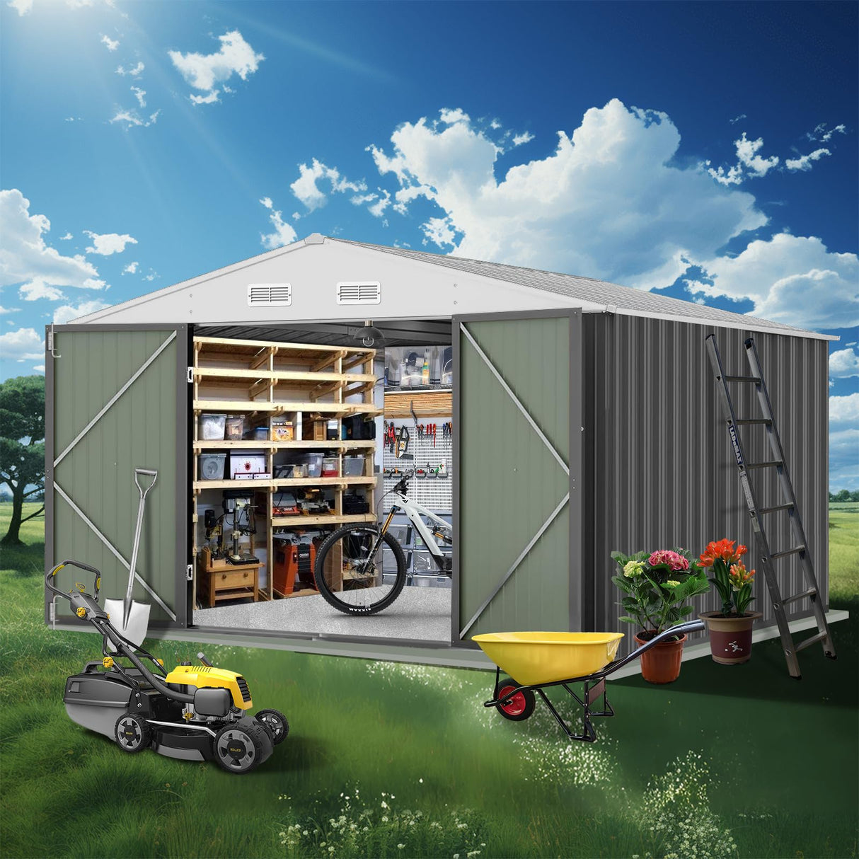 GarveeLife 12x10 Ft Outdoor Storage Shed, Large Steel Multipurpose Yard Shed, Metal Outdoor Tool Shed with Sloped Roof and Door Lock Design for Organizing Tools & Equipment in Yard, Garden, Grey GarveeLife