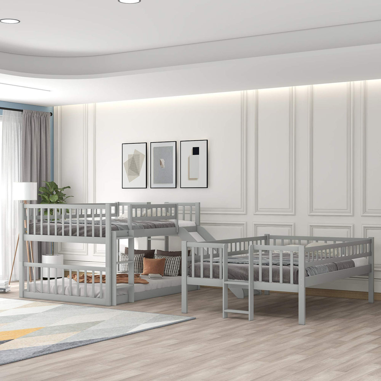 Harper & Bright Designs Triple Bunk Beds with Slide ,Wooden Bunk beds Full Over Full Over Full ,Floor Triple Bunk Bed with Ladder & Guardrails for Kids/Teens/Adults,Can be Convertible to 3 Beds,Grey Harper & Bright Designs