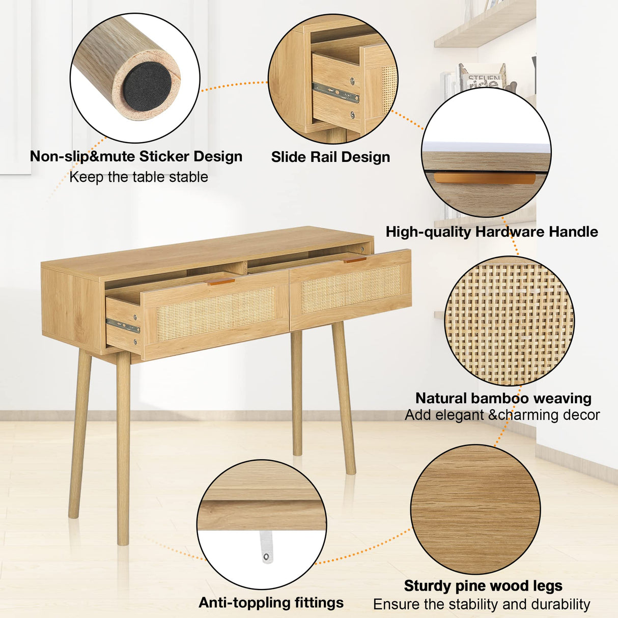 DOALBUN OKL 39" Console Table, Oak Entryway Table with 2 Rattan Drawers, Sofa Table with Wood Frame and Bamboo Storage Shelf, Rustic Hallway Table for Living Room Foyer Entryway (Natural) DOALBUN