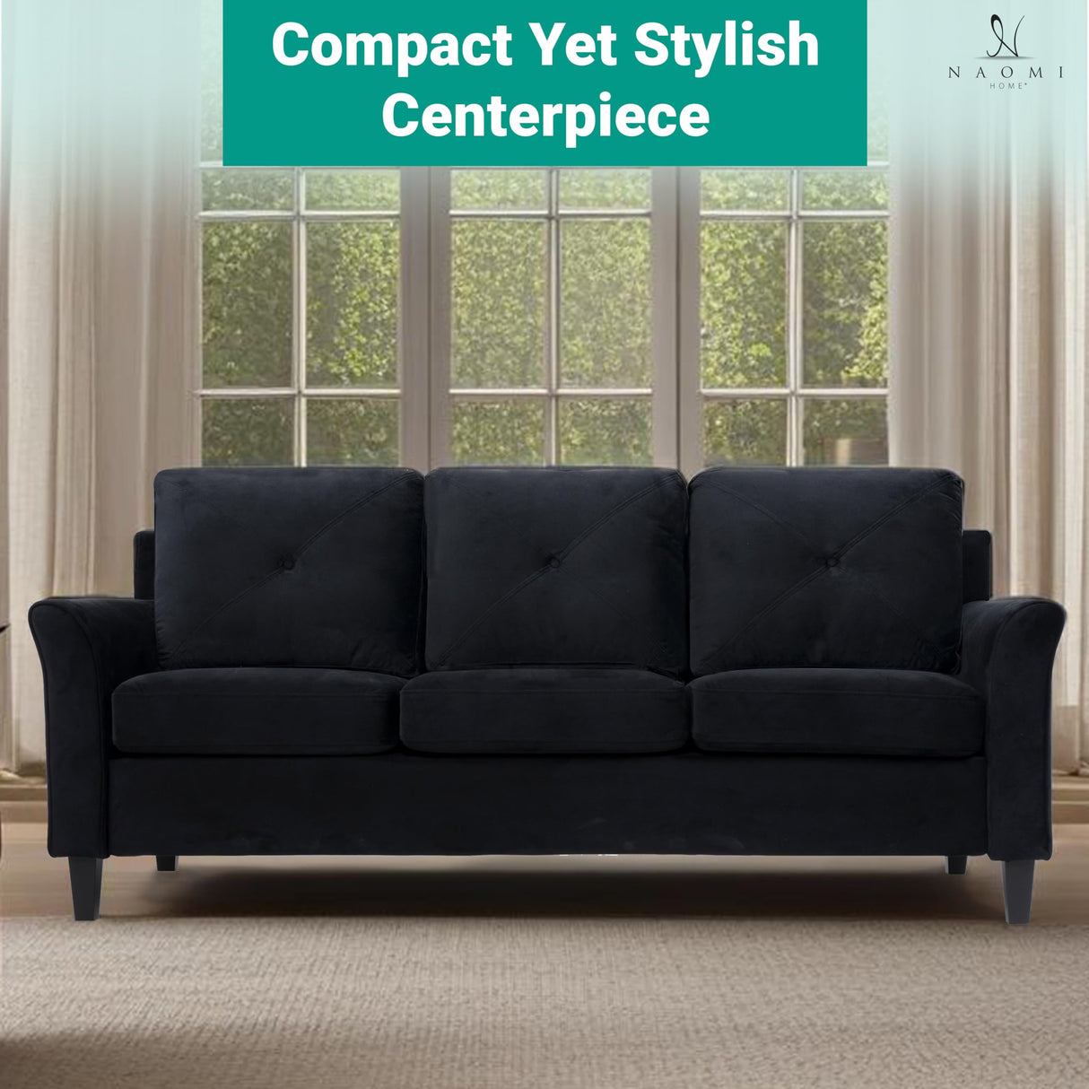 Naomi Home Raelynn Button Tufted Sofa Affordable Black Modern Sofa - Microfiber Couch for Small Spaces Sofa Cama para Sala Modernos Baratos - Durable Sturdy Living Room Furniture Tool-Free Assembly Naomi Home