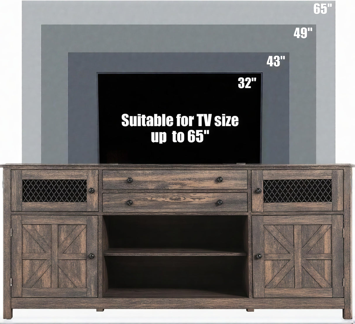 YITAHOME Farmhouse TV Stand for TVs up to 65", Entertainment Center with 2 Large Drawers & Visual Grid Door, 59" Rustic TV Consoles for Living Room, TV Media Console, Dark Rustic Oak YITAHOME