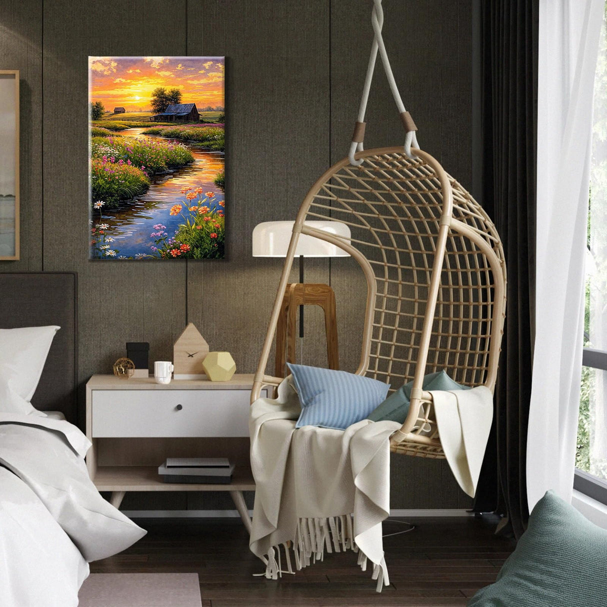 HeeBenor Framed Paint by Numbers Kit for Adults, Sunset Landscape Paint by Number with Easel, DIY Flowers Landscape Oil Painting Kit, Adult Paint by Number Kits Framed Canvas for Home Decor 8x12 Inch HeeBenor