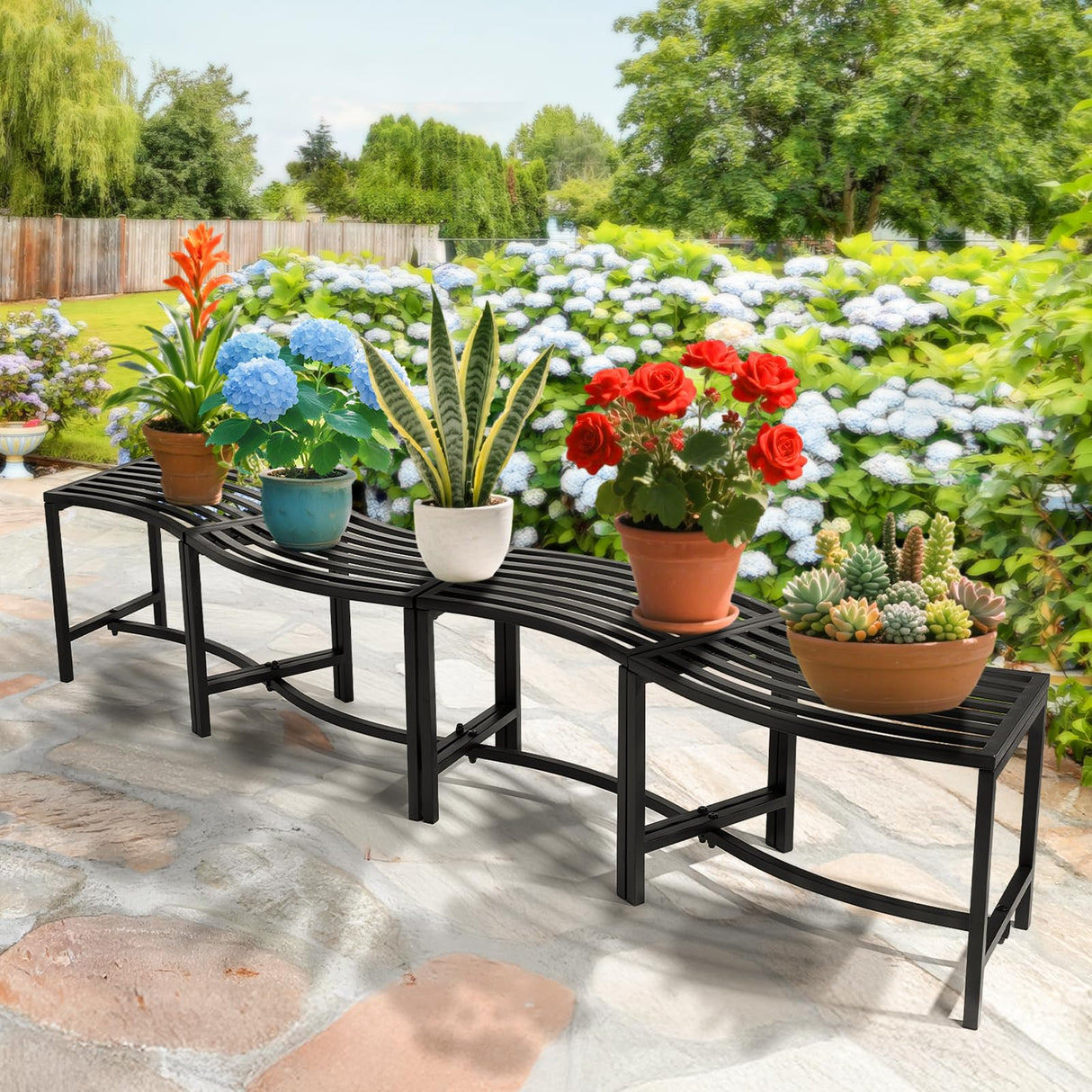 VINGLI Outdoor Metal Curved Bench, Weatherproof Fire Pit Bench Set of 4, Heavy Duty Steel Backless Benches, Metal Outside Seating for for Garden, Patio, Plant Stand and Holder VINGLI