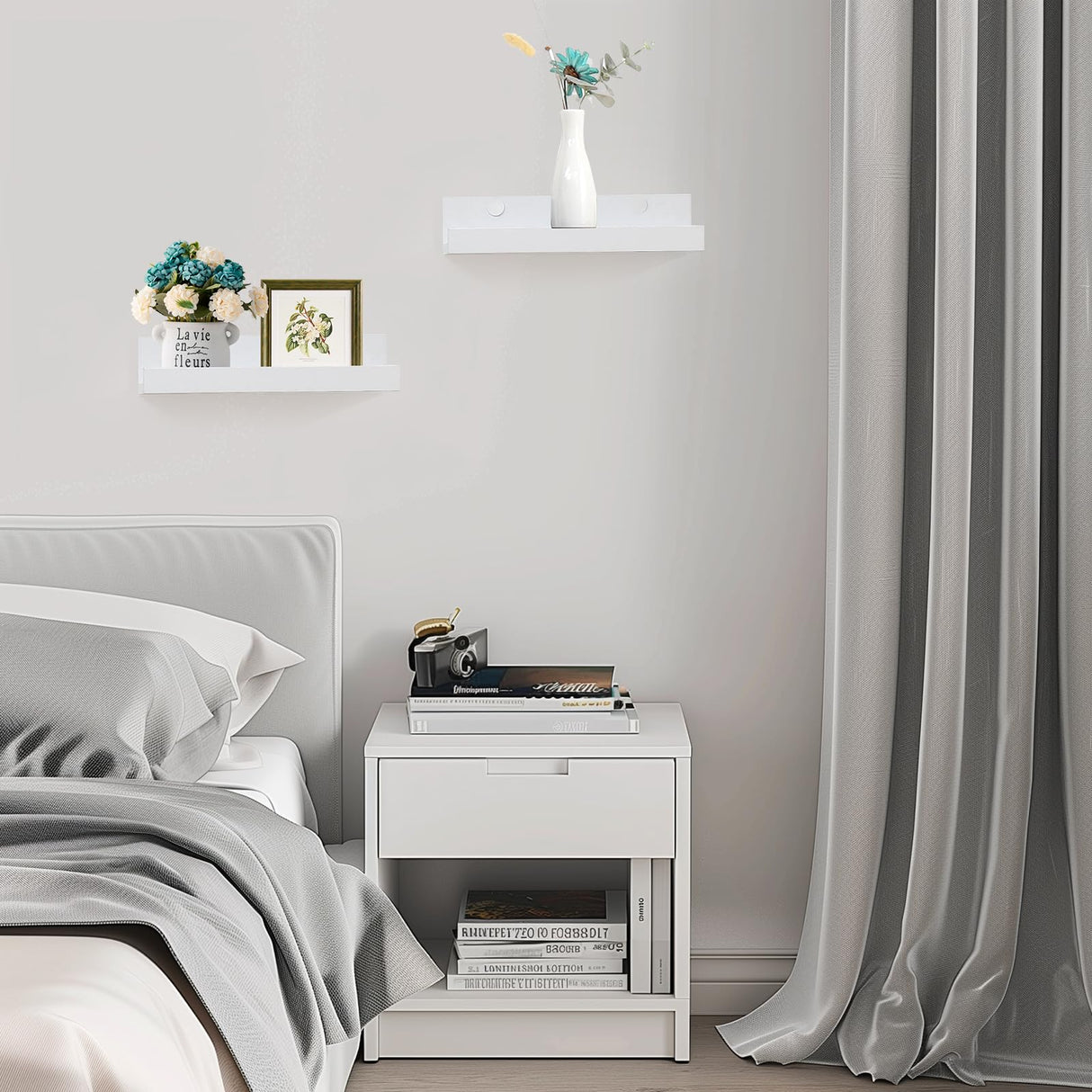 Muzilife 12" Small Floating Wall Ledge Shelves with Lip - Set of 2 Wood Floating Shelves - White Wall Mounted Picture Ledge for Office, Bathroom, Bedroom, Living Room, Kitchen Muzilife