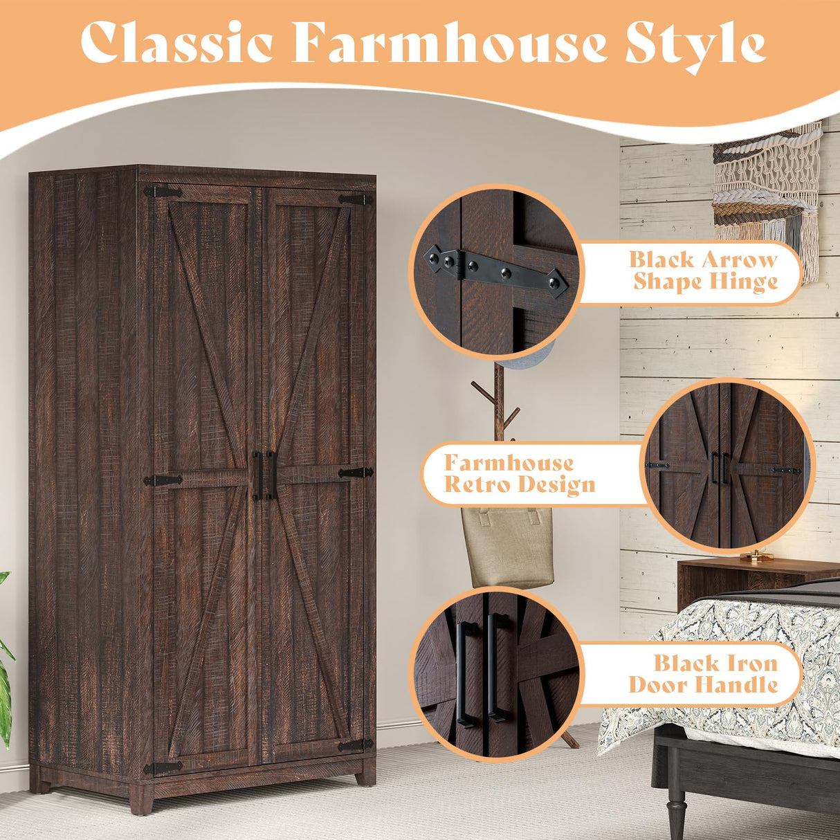 AMERLIFE Farmhouse Armoire Wardrobe Closet with 2 Barn Doors, 71'' Storage Cabinet with Hanging Rod & Shelf, Versatile Clothing Storage for Bedroom, Espresso AMERLIFE