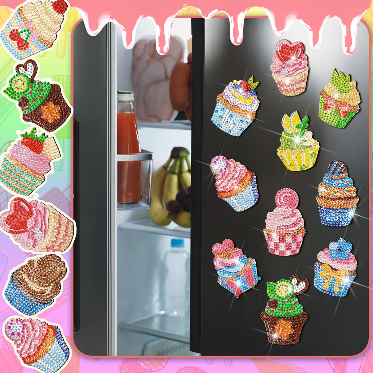 Remuuly 30 Pcs Diamond Painting Magnets Summer Diamond Art Magnet Kits for Adults Spring Flower Animal Cupcake 5D Rhinestones Refrigerator Magnetic Stickers for Fridge DIY Crafts Gifts(Cupcake) Remuuly