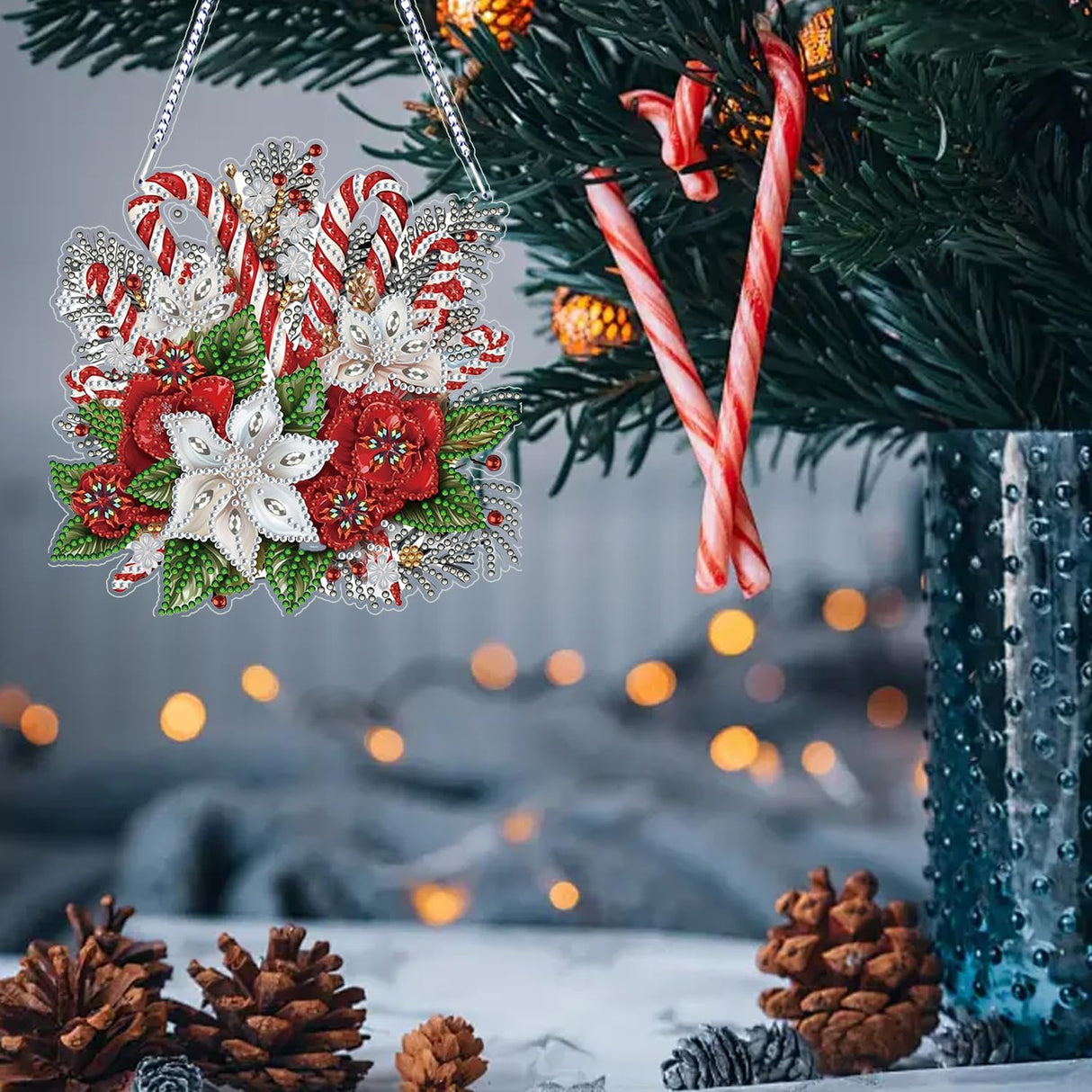 Christmas Diamond Art Hanging Kits for Adults, Special Shaped Diamond Painting,Double Sided 5D DIY Acrylic Diamond Art Painting Window Pendants Home Garden Wall Hanging Kits Cane candy wreath Ornament RYMILIE