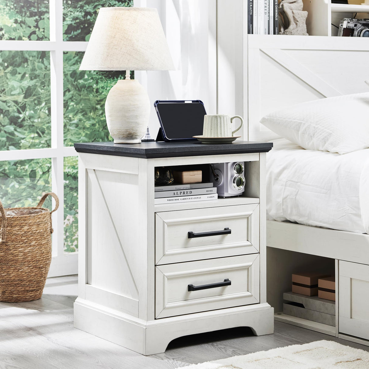 ACCOHOHO 18" Farmhouse Nightstand with Charging Station,End Table with 2 Drawers Storage,Side Table,Bedside Cabinet for Bedroom,Living Room,White ACCOHOHO