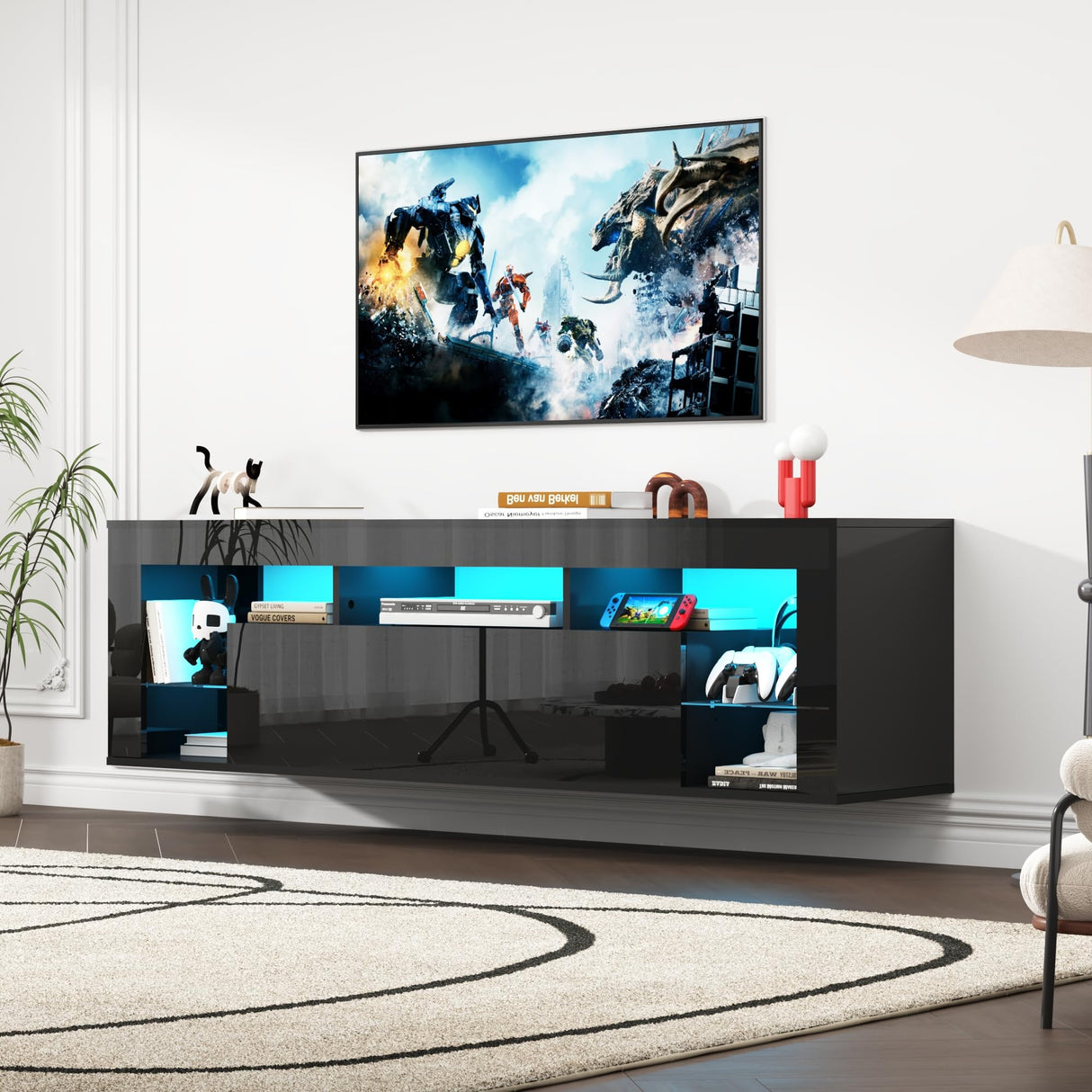 chartustriable 63" Floating High Gloss LED TV Stand for 75" TVs, Wall-Mounted Entertainment Center, Modern Media Console with Open Adjustable Glass Shelf and Hidden Storage Cabinet, Black chartustriable