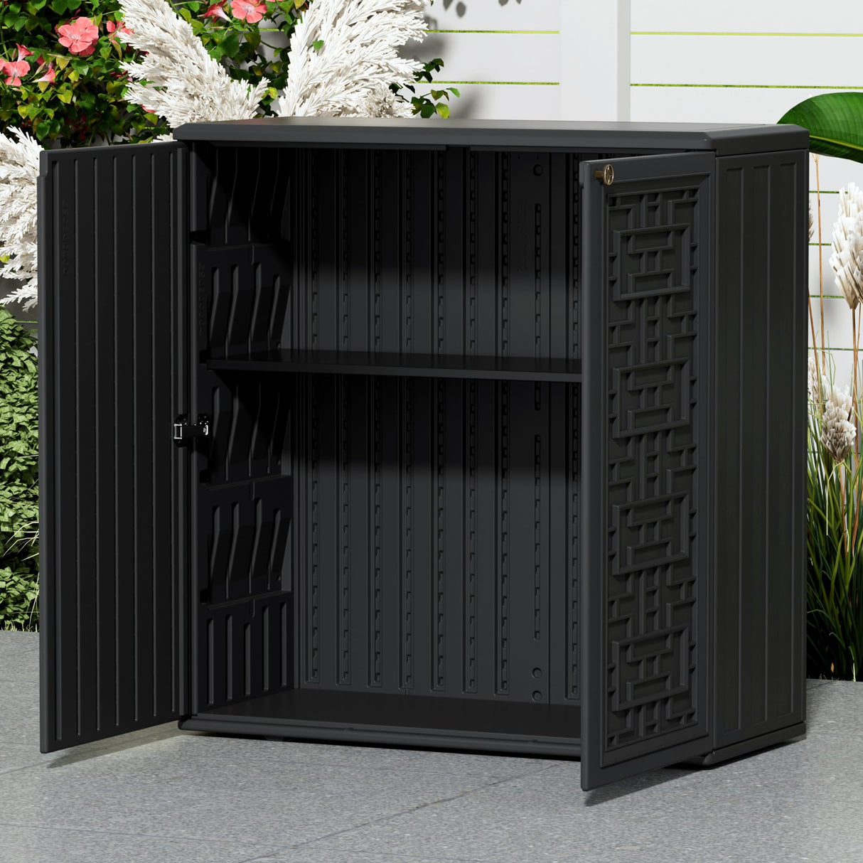 Mrosaa Indoor Outdoor Storage Cabinet Waterproof with Shelf,Plastic Storage Sheds Outdoor Cabinets for Patio/Garden/Backyard, Size 34.3''L*15''W*36.2''H(Black) Mrosaa