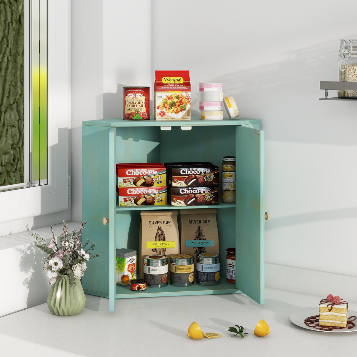 Trironsun Corner Bread Box for Kitchen Counter Double Layer Bamboo Bread Storage Container Large Capacity Bread Storage Bin Farmhouse Breadbox Organizer (Antique Blue) Trironsun