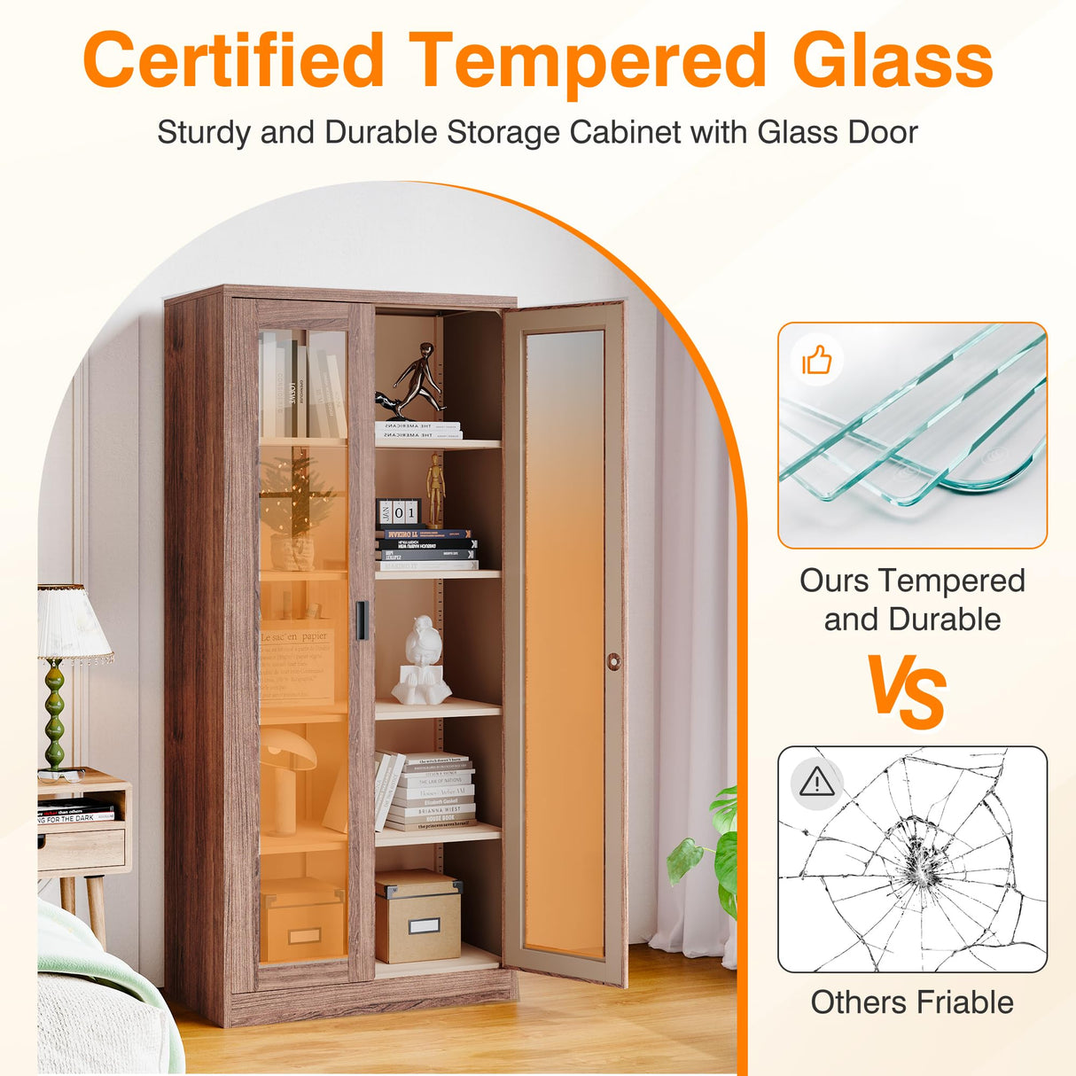 LISSIMO Glass Display Cabinet,Metal Storage Cabinet Bookcase with Glass Doors and 4 Adjustable Shelves,Curio Cabinet Liquor Cabinet with Lock for Home,Office and Exhibition Hall (Rustic Brown) LISSIMO