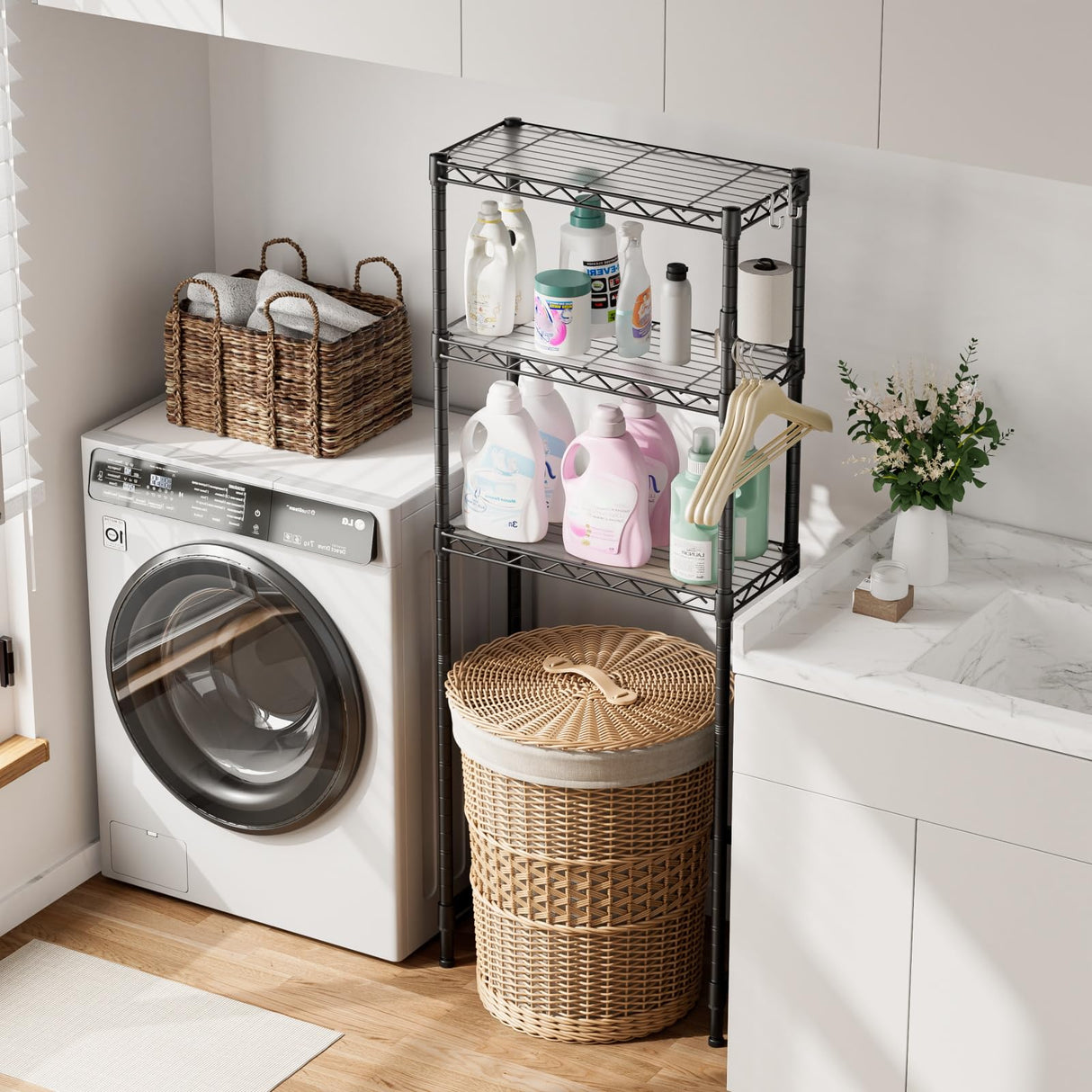 SINGAYE Over-The-Toilet Storage Rack 3-Tier Bathroom Organizer and Storage Shelf Over Toilet with Adjustable Shelf and Basket Freestanding Space Saver Bathroom Shelves Above Toilet for Room Black SINGAYE