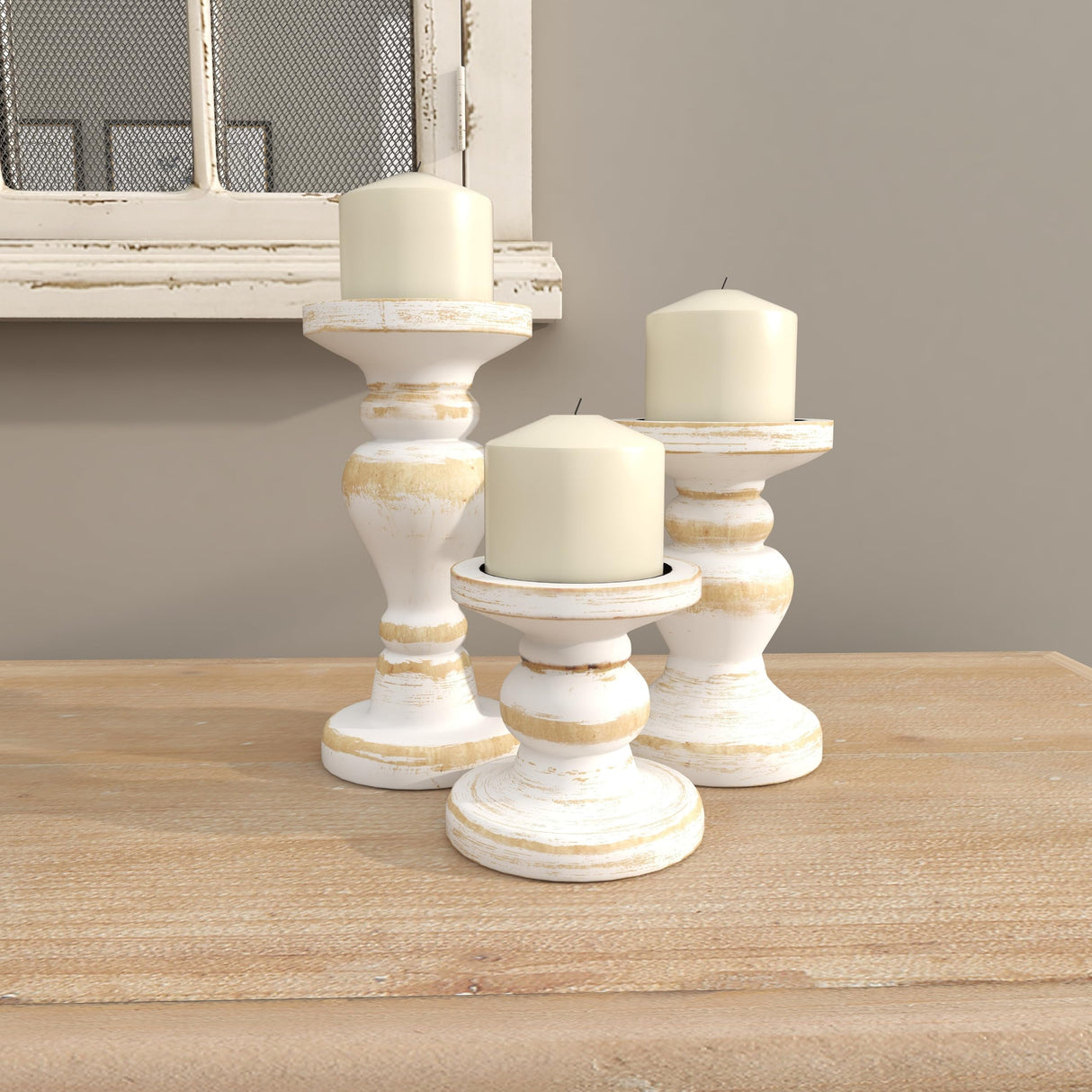 Deco 79 Wood Decorative Candle Holder Turned Style Candle Stand, Set of 3 Candlestick Holder 8", 6", 4"H, White Deco 79