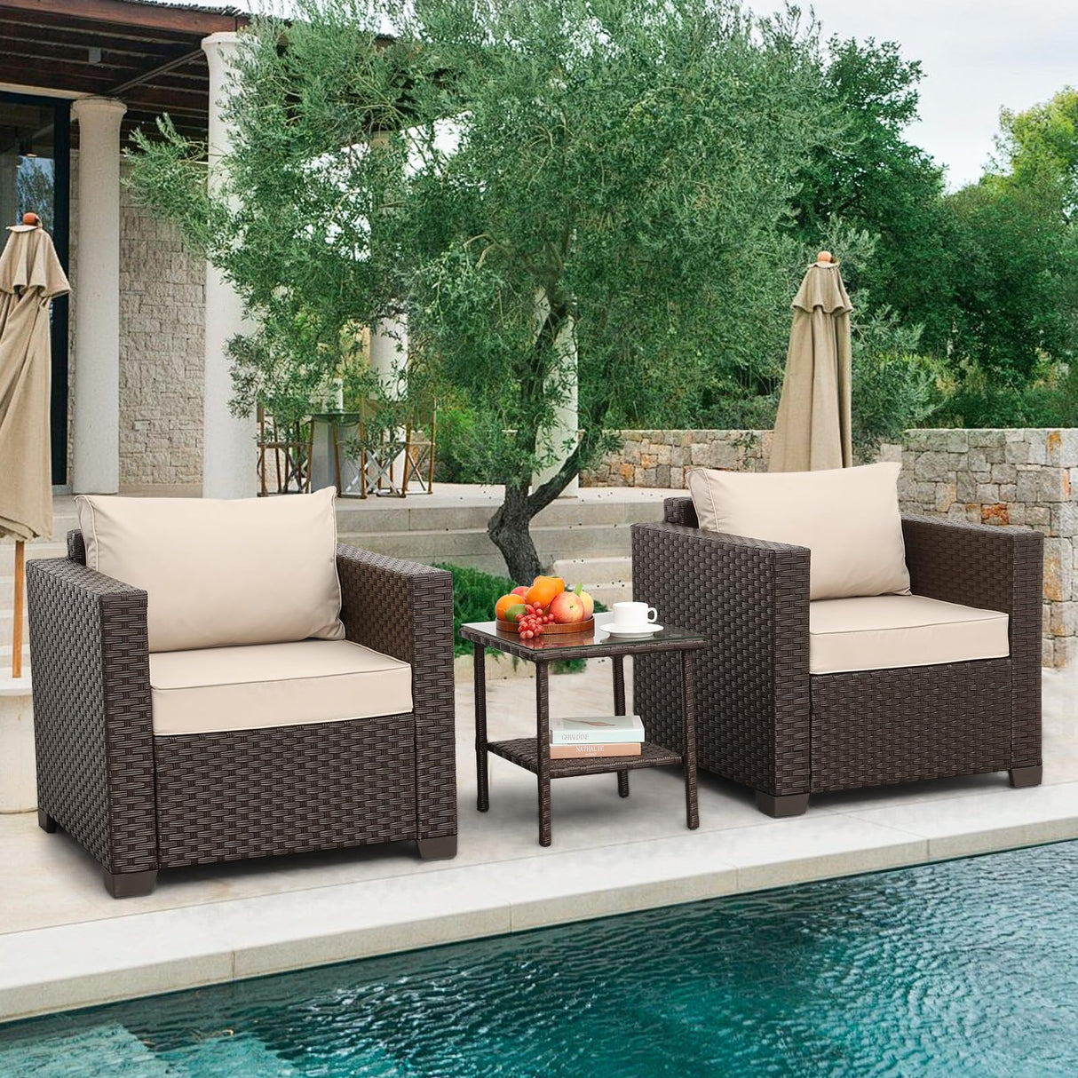 Rattaner Outdoor Furniture Club Chair 3 Pieces Patio Single Sofa Chairs and Glass End Table Outdoor Chairs Set of 2 and SideTable with Anti-Slip Cushions and Waterproof Cover, Khaki Rattaner